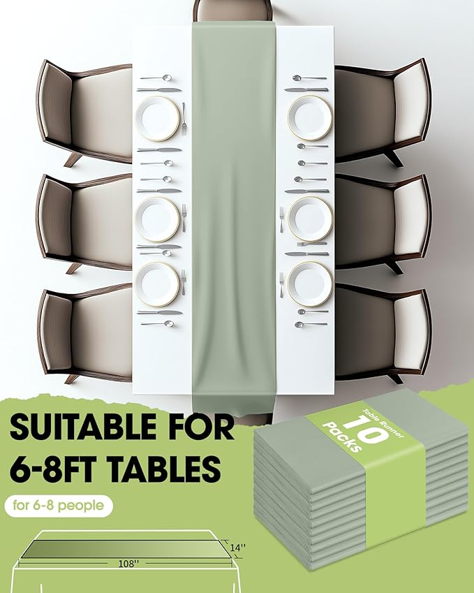 Pureegg Sage Green Plastic Table Runners - 10 Pack, 14'' x 108'', Water Resistant & Disposable Centerpiece Decorations for Table Cloth, Wedding, Birthday, Holiday, Baby Shower, Party, Home Decor