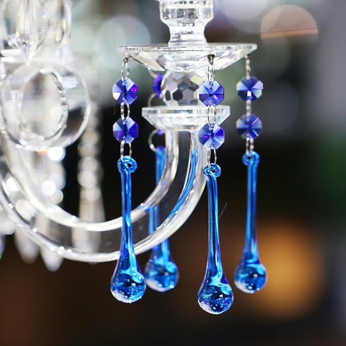 H&D 10pcs Suncatcher Crystal Raindrop Chandelier Prisms Pendants,Glass Prisms with Octagon Beads Lamp Curtain DIY Suncatcher Chandelier Parts (Cobalt Blue)