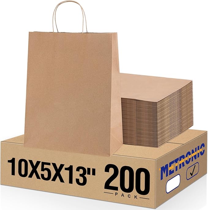 METRONIC Paper Gift Bags 10x5x13'' 200Pcs Brown Paper Bag with Handles Bulk, Kraft for Small Business, Birthday Wedding Party Favor Bags, Christmas, Retail shopping