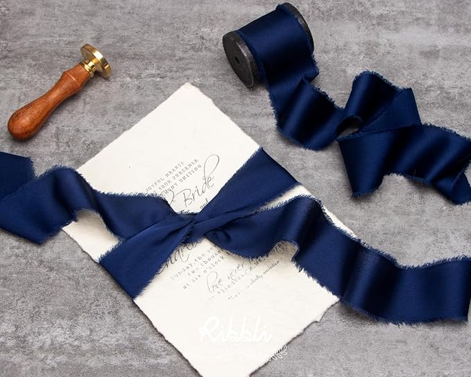Ribbli Navy Blue Silk Satin Ribbon 1.5 Inch x 12 Yard Handmade Frayed Chiffon Ribbon with Wooden Spool for Gift Wrapping Wedding Invitations Bridal Bouquets Home Decor