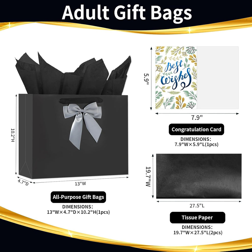 13" Black Bags with Handles, Birthday Gift Bag Set - 1 Gift Bag with Bow, 2 Tissues & Greeting Card for Men Women,Gift Bags Medium size(1 PCS Black Glossy)