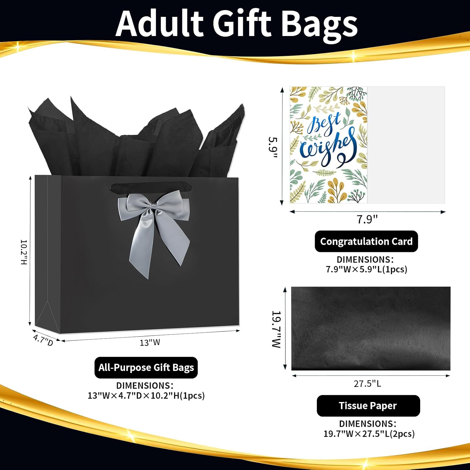 13" Black Bags with Handles, Birthday Gift Bag Set - 1 Gift Bag with Bow, 2 Tissues & Greeting Card for Men Women,Gift Bags Medium size(1 PCS Black Glossy)