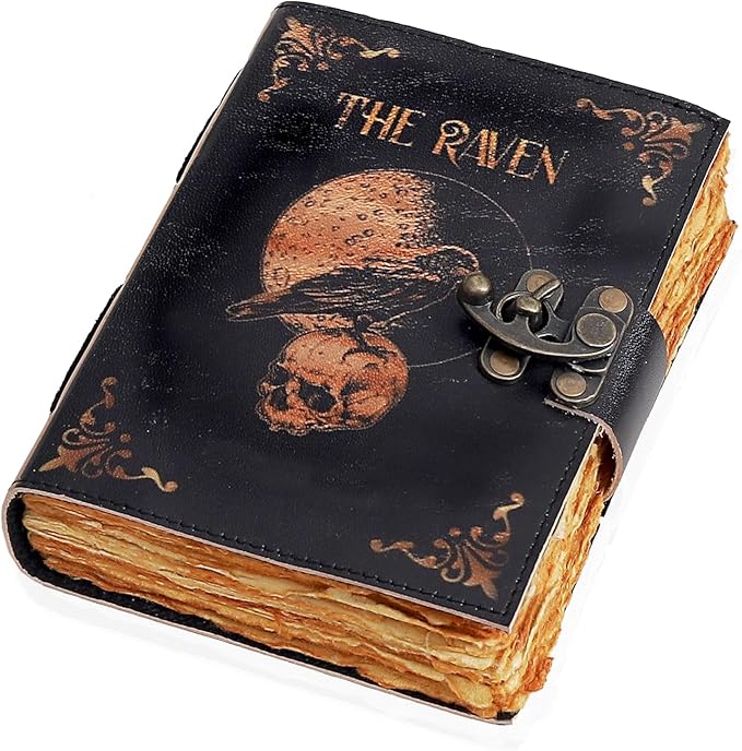 Leather Gothic Journal Magical Raven Skull Spiral Notebook Mystery Crow Journal Grimoire Witchcraft Spellwork Journal Great for Halloween and Raven Lovers Aesthetic Leather Journal for Men and Women (10 x 7 inches)