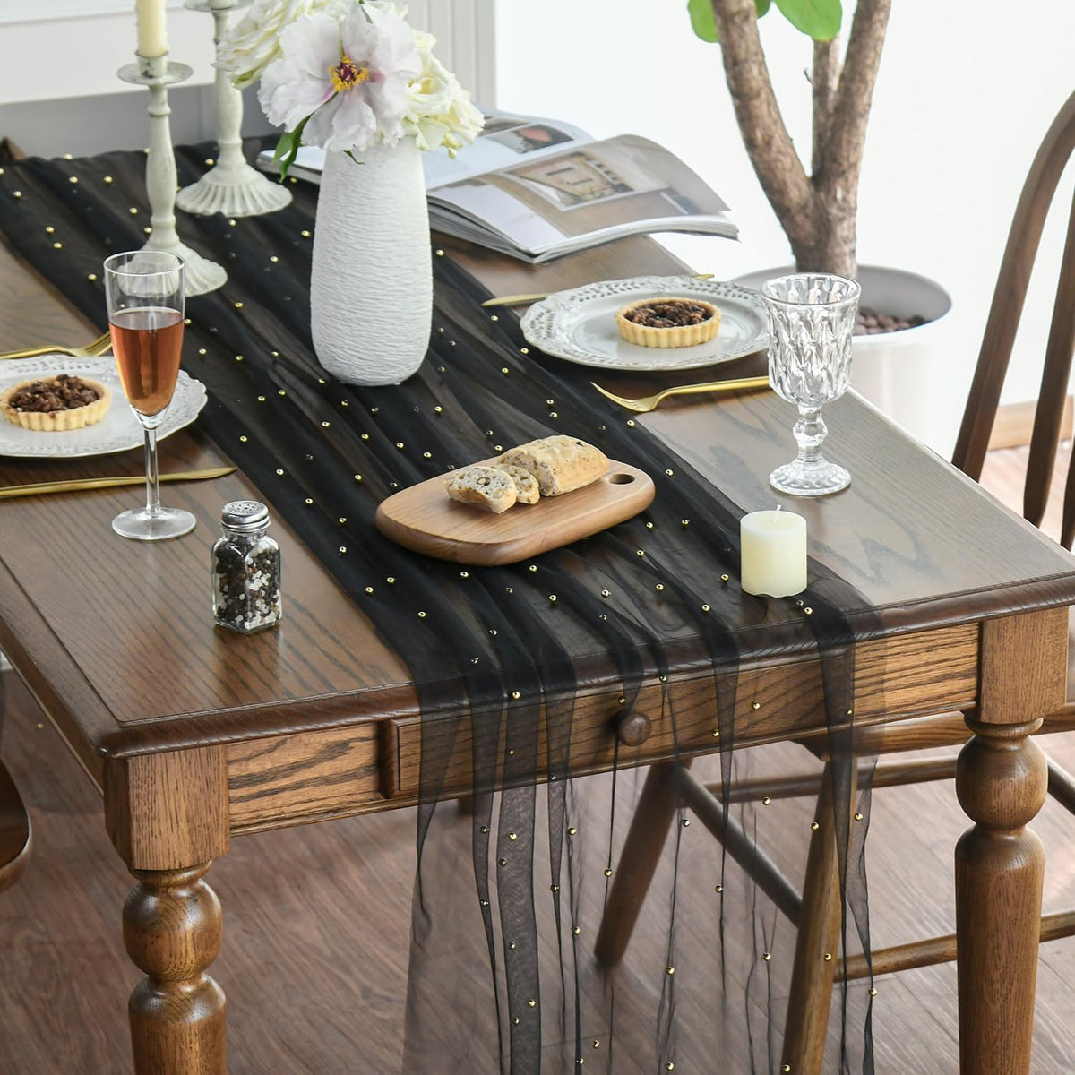 Artoid Mode 10-Pack Pearl Black Gauze Table Runner 10FT Home Decor