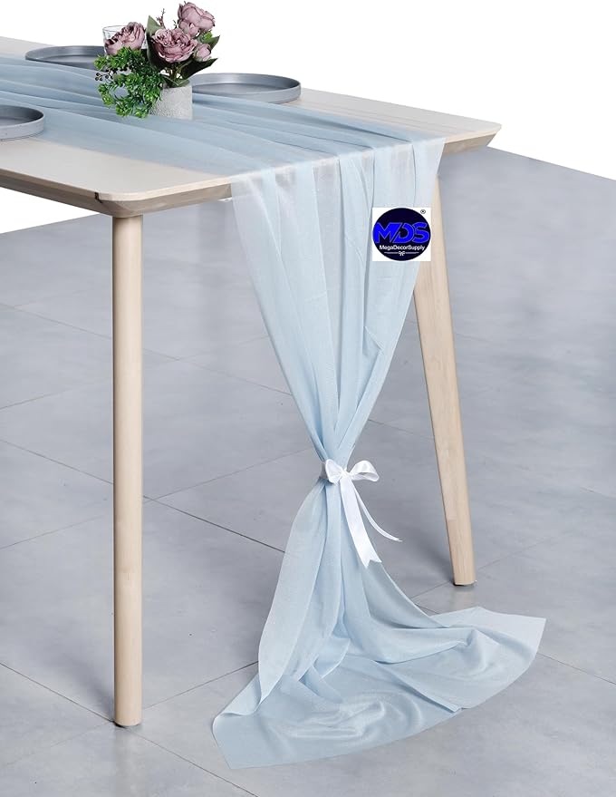 MDS 25 Pack 10ft Chiffon Table Runner 29 x 120 Inches Sheer Wedding Runner Romantic Rustic Table Runner for Wedding Decorations, Birthday Parties, Bridal Shower Party Arch Decor - Baby Blue