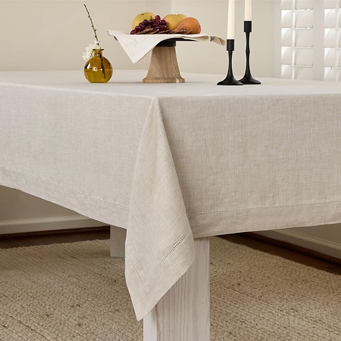 Solino Home Light Natural Linen Tablecloth 60 x 132 Inch - Classic Hemstitch, 100% Pure Linen Rectangular Tablecloth - Machine Washable Table Cloth for Fall, Autumn, Thanksgiving, Christmas, Holiday