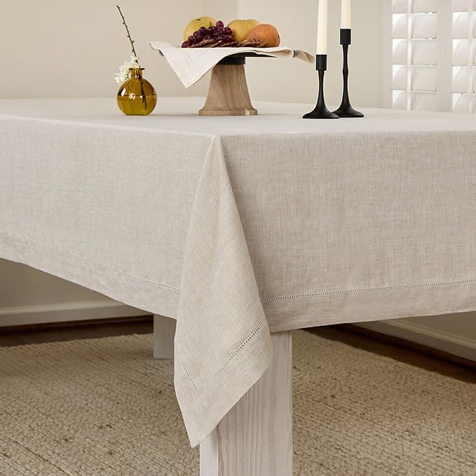 Solino Home Linen Light Natural Tablecloth 60 x 90 Inch - Classic Hemstitch, 100% Pure Linen Rectangular Tablecloth - Machine Washable Table Cloth for Fall, Autumn, Thanksgiving, Christmas, Holiday