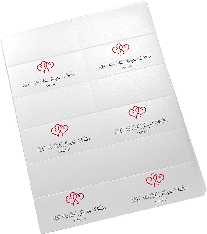Linked Hearts Printable Place Cards, Ruby Red (Choose Color), Set of 60 (10 Sheets), Laser & Inkjet Printers - Wedding, Party, Dinner, and Special Events - Made in the USA
