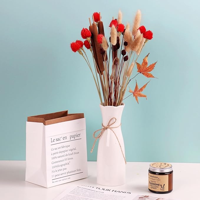 Dried Globe Amaranth Flower with Wheat Straw 40PCS Bouquet for Vase Home Decor Party DIY Arrangement(Bright Red)