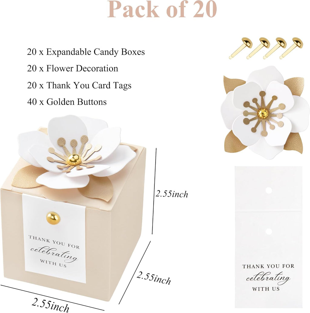 FEIYI 20 PCS Champagne Favor Boxes, 3 In 1 Candy Box with Floral Decor, White Thank You Tags Gift wrapping for Wedding Birthday Baby Shower Decorations Party -2.55x2.55x2.55 inches