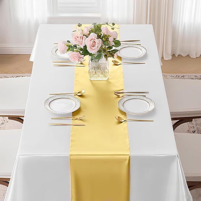 SHEJIZE 10 Pack Light Gold Satin Table Runner 12x108 Inches Long, Bright Silky Smooth Satin Table Runner Table Decor for Wedding Banquet Christmas Prom Event Birthday Party