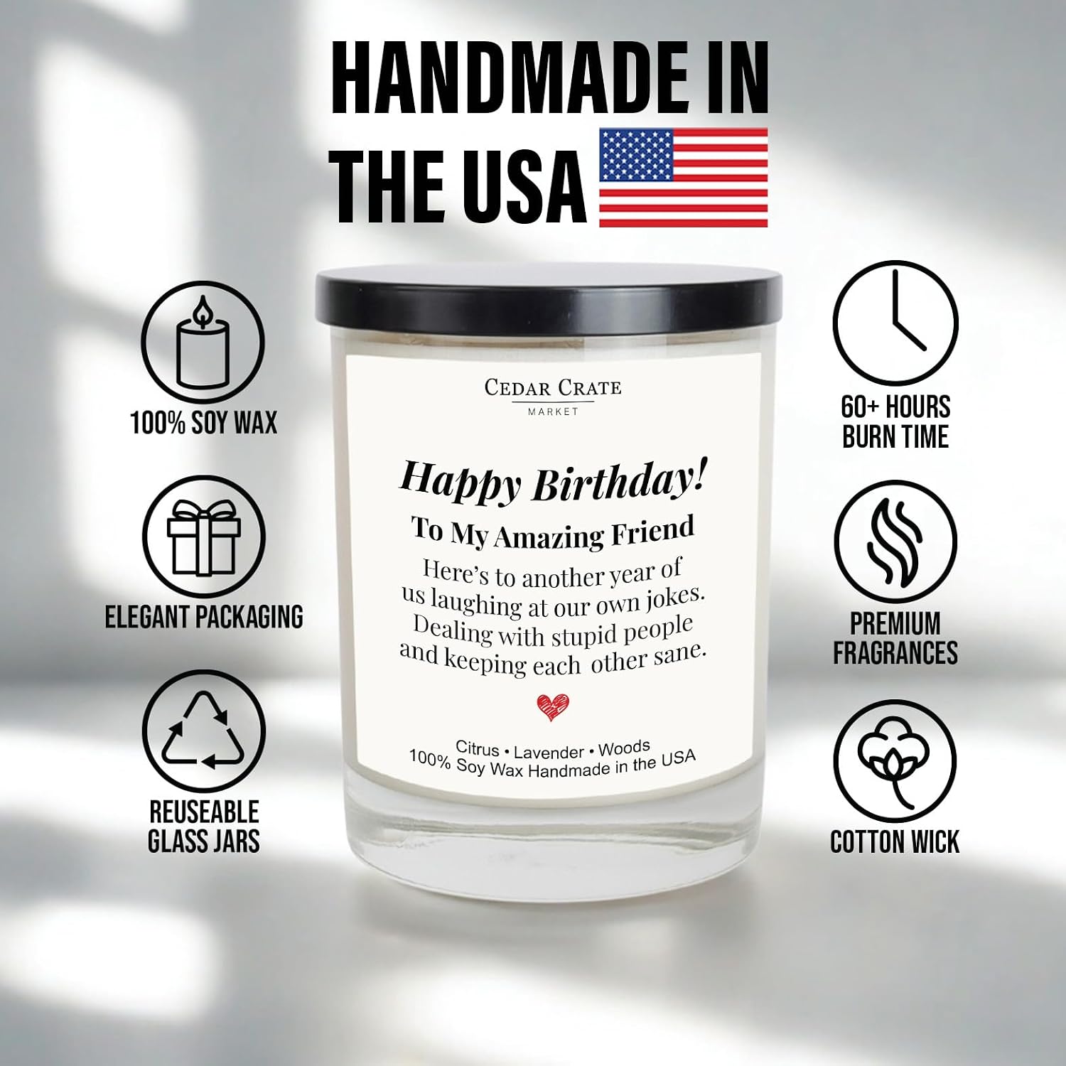 Cedar Crate Market Happy Birthday Candle – Women Birthday Gifts, Friendship & Best Friend Birthday Gifts for Women – Eco-Friendly Soy Wax, Premium Gift Box, Hand Poured USA, 13.5oz, Lavender Citrus