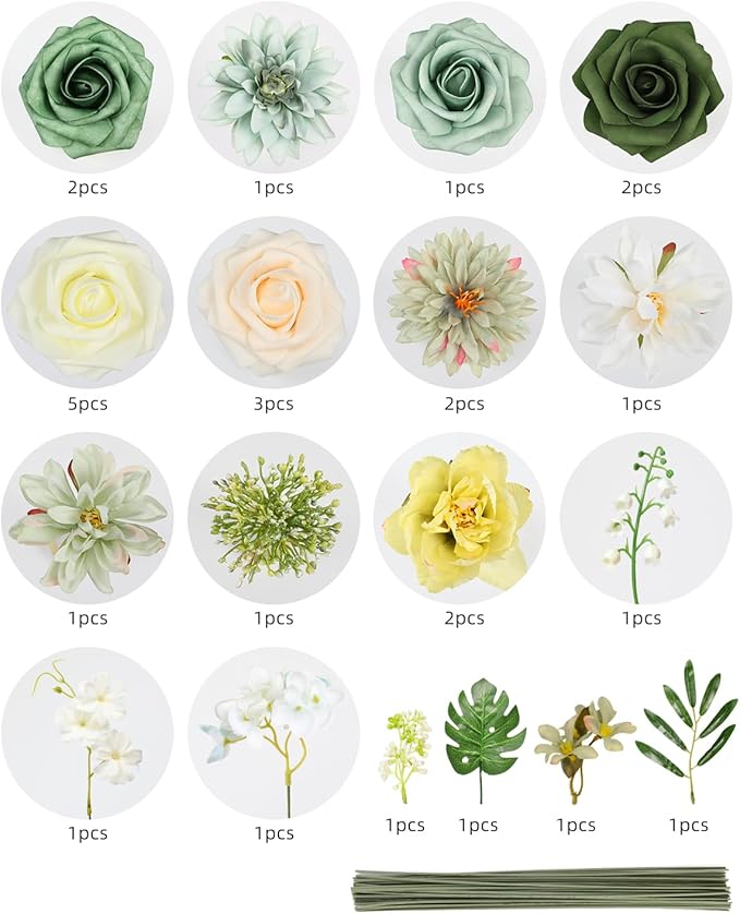 Artificial Flowers Combo, Mix Silk Flowers Roses, Peonies, Dahlias with Stems for DIY Wedding Bridal Bouquets, Baby Shower, Table Centerpieces, Home Decor, Fake Floral Arrangements-Elf Green