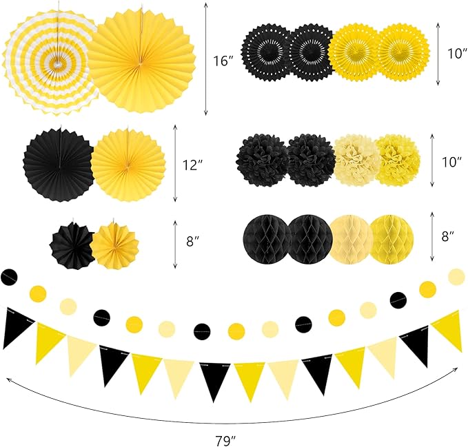 Black and Yellow Party Decorations, 23Pcs Hanging Paper Fans Birthday Decorations with Black Pom Poms Flowers for Boy Birthday, Bridal Shower, Baby Showers, Wedding