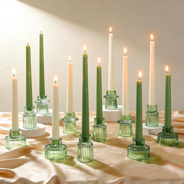 Vintage Ribbed Green Glass Candle Holders Set of 12, 3 Assorted Sizes for Pillar, Tealight & Votive Holders, Elegant Glass Candlestick Holders for Table Centerpiece Wedding Christmas Decor