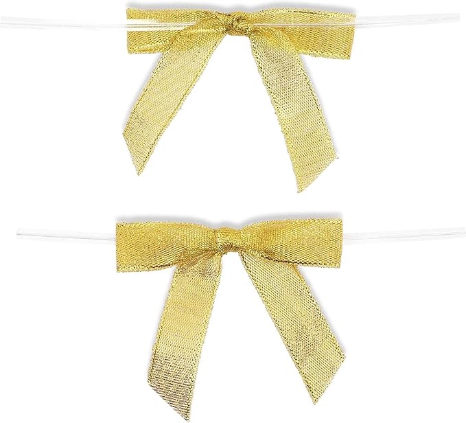 Bright Creations Gold Twist Tie Bows - 100 Pack, 2.5 x 3 in - Pretied Gold Bows & Ribbon for Treat Bags & Twist Ties for Crafts