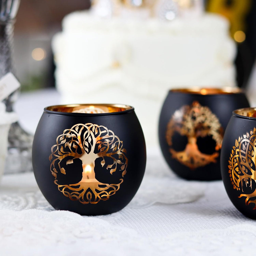 SHMILMH Black Gold Votive Candle Holders 6 PCS Tree of Life Glass Tealight Candle Holders Wedding Decorations for Reception, Birthday Party, Baby Shower, Bridal Shower Table Centerpiece Decor
