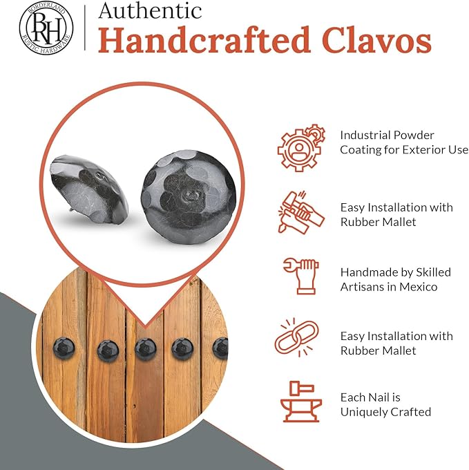 50 Pack 2" Round Head Iron Clavos Decorative Nails – Sealed Unfinished – Handmade Rustic Round Fasteners for Farmhouse Shutters, Faux Wood, Barn Doors, Shutters, Gates – Ornamental Wood Accent