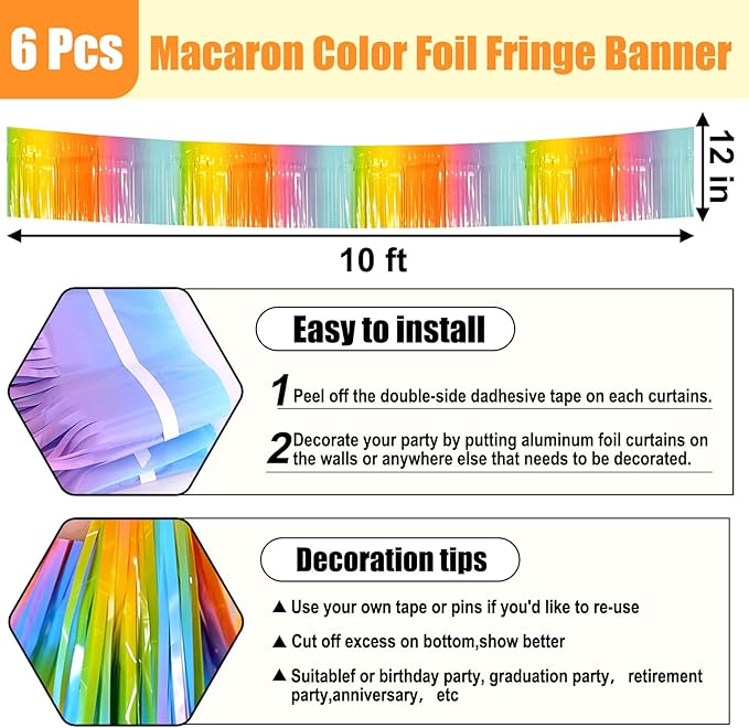 6 Pack 10 Feet Rainbow Foil Fringe Garland Metallic Tinsel Streamers Banner Wall Hanging Curtain Backdrop for Parade Floats, Birthday, Graduate, Mother's Day, Wedding Party Decoration
