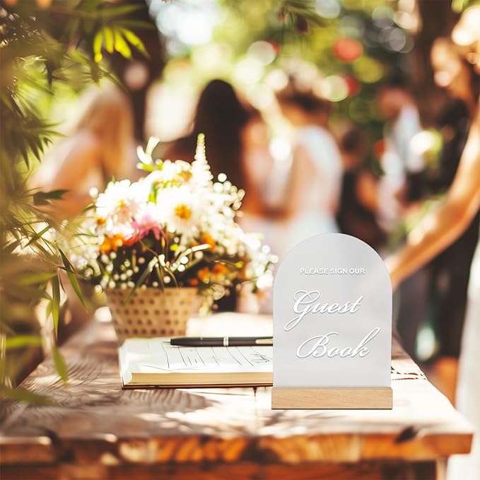 4pc Wedding Sign Set - Acrylic Guest Book Signs with Wood Stand, 5x7" Cards & Rustic Wedding Decor