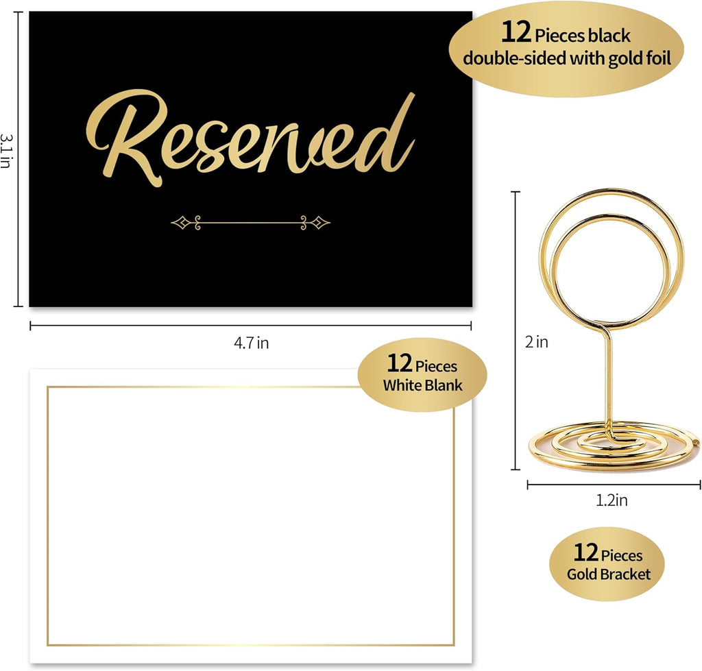 12 Pack- Gold Foil Reserved Signs for Wedding and Restaurant Tables with Stand and White Card - Elegant Seating Signs (Black)