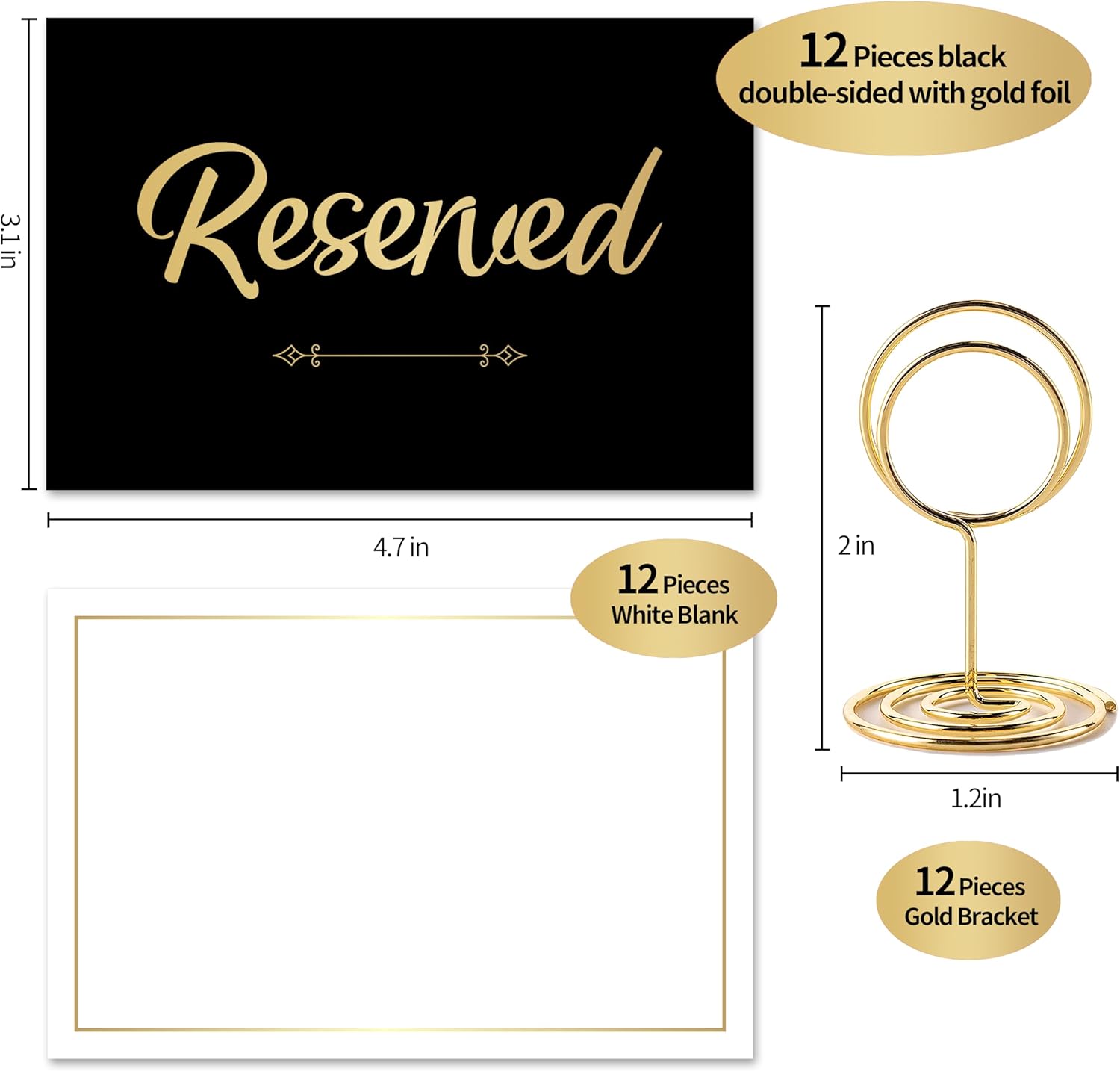 12 Pack- Gold Foil Reserved Signs for Wedding and Restaurant Tables with Stand and White Card - Elegant Seating Signs (Black)