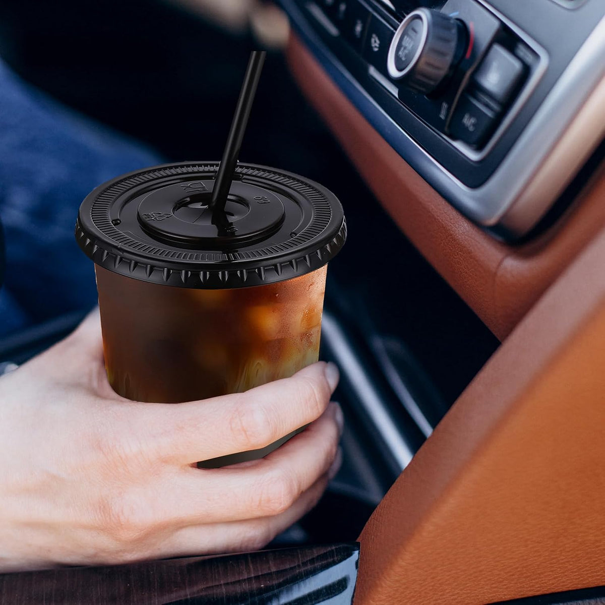 tchrules 150 Set 16oz Black Plastic Disposable Cups with Lids and Straws