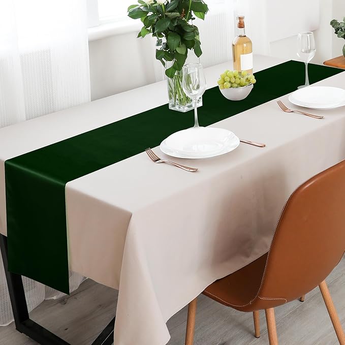 Aneco 12 Pack Satin Table Runner 12 x 108 Inch Forest Green Long Wedding Satin Silk Table Runner for Wedding Banquet Graduations Birthday Party Decoration