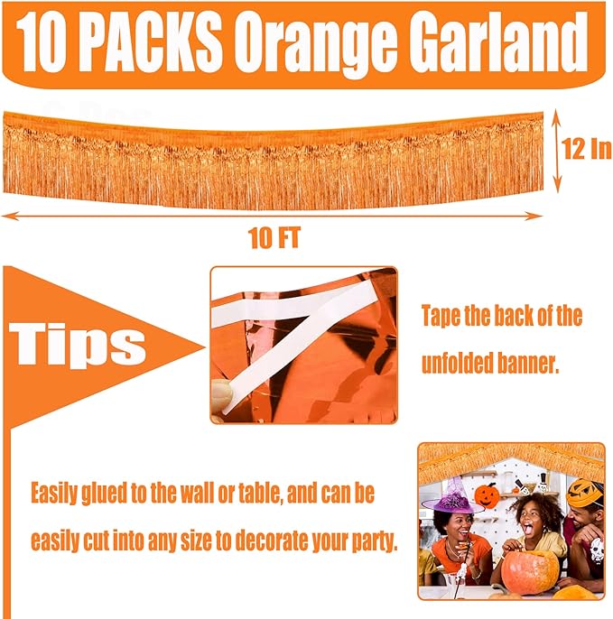 10 Pack 10 Feet Foil Fringe Garland Metallic Tinsel Streamers Banner Wall Hanging Curtain Backdrop for Parade Floats, Bachelorette, Wedding, Birthday, Halloween, Christmas Party Decorations(Orange)