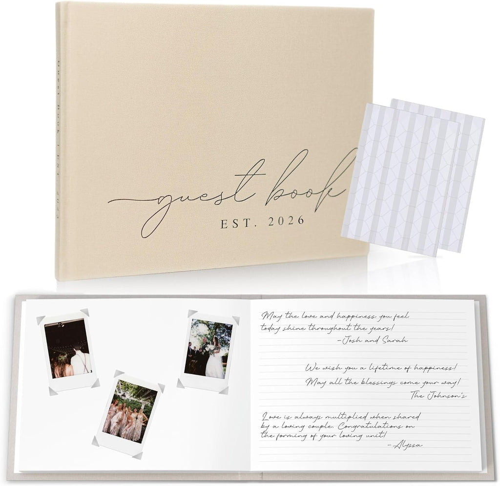 Wedding Guest Book With Personalized 2026 Year - Linen Photo Guestbook to Sign at Reception Party - Includes Clear Photo Corners Self Adhesive - 100 Pages Blank and Lined Thick Paper Guest Books