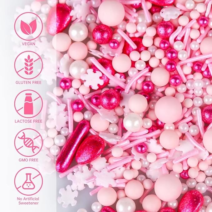 Pink Sprinkles for Cake Decorating 7oz - Snowflake Sprinkles - Metallic Sprinkle Mix for Cookies, Ice Cream, Cupcakes Topper - Rose Gold Sprinkles for Princess Bridal Shower Wedding Party