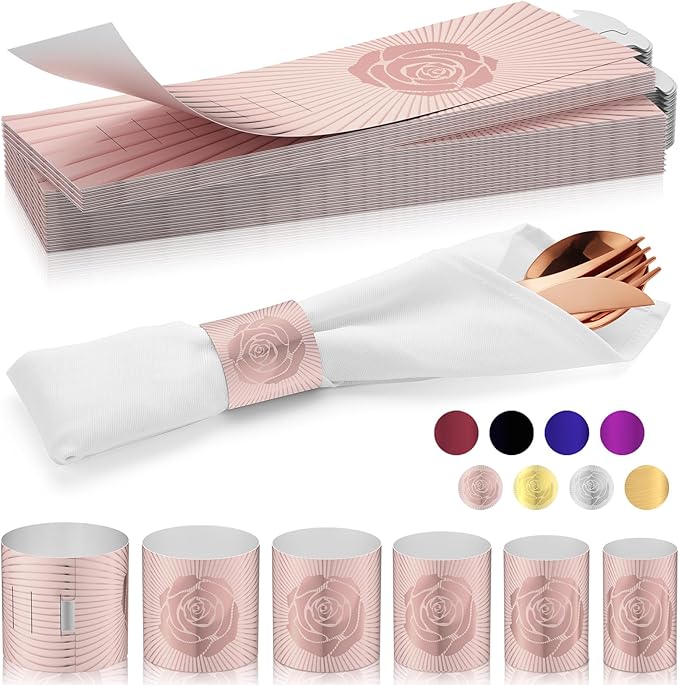 Polymer Material Reusable Napkin Band, Glue-Free Tear-Proof Water Resistant Oil-Proof Napkin Bands Set of 100(Front Rose Gold Color and Back Silver), 6 Adjustable Sizes Napkin Rings