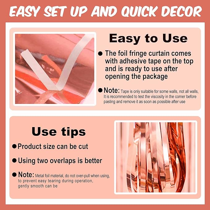 6 Pack Rose Gold Foil Fringe Curtains Backdrop, 3.28 x 8.2 Ft Metallic Streamers Tinsel Curtains Background for Photo Booth, Birthday, Weddings, Carnivals, Graduation, Themed Party Decorations