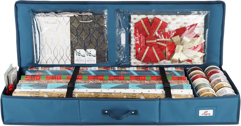 Hearth & Harbor Wrapping Paper Storage Container - Christmas Storage Bag with Interior Pockets - Gift Wrap Organizer Fits Up to 22 Rolls of 40" - Tear Proof, Blue