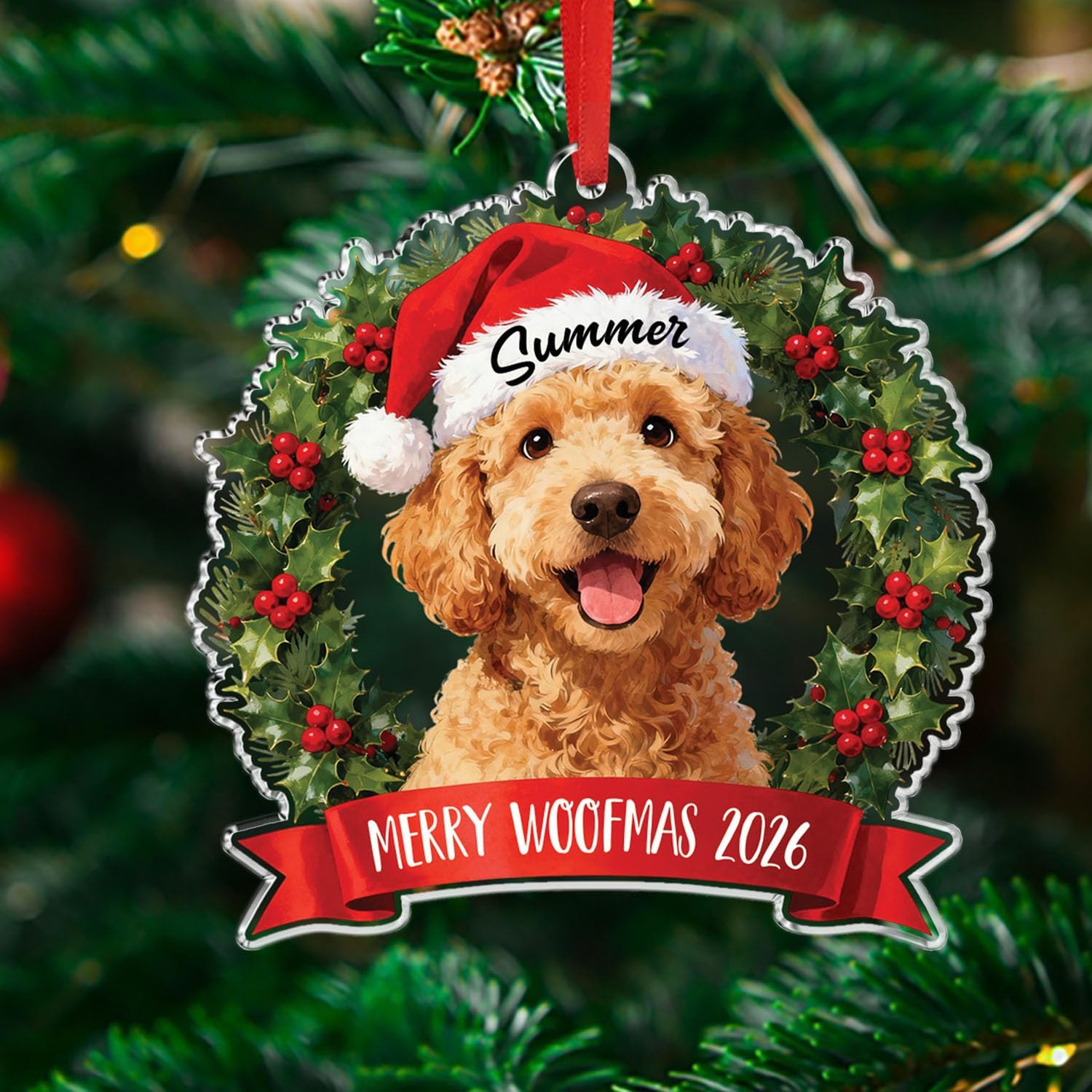 Personalized Goldendoodle Dog Christmas Ornament, Dog Wearing Santa Hat 2D Flat Acrylic Ornament, Gift for Dogs Dad Mom Pet Owners, Merry Woofmas 2026 Custom Name & Text Brown Goldendoodle Ornaments