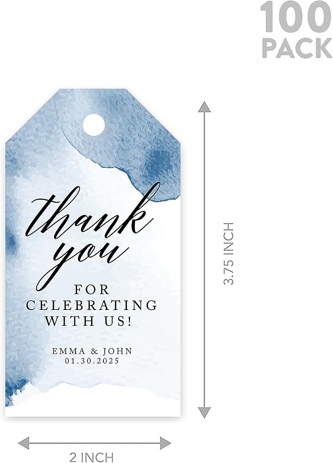 Andaz Press 100-Pack Personalized Thank You for Celebrating with Us Wedding Favor Tags with Bakers Twine Navy Blue Watercolor Custom Cardstock Wedding Gift Tags for Party Favors 2 x 3.75-Inches