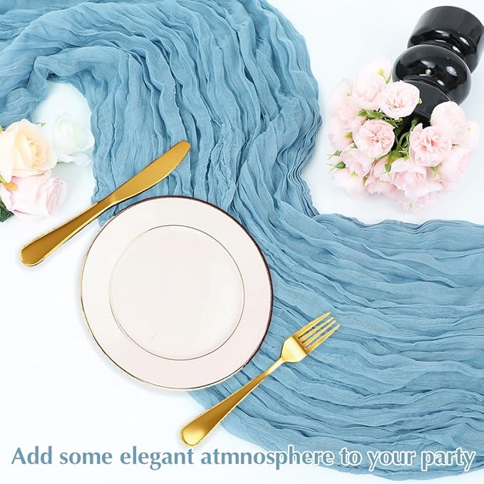 10 Pack Baby Blue Cheesecloth Table Runner -21*120Inch Long Boho Wedding Table Decor, Rustic Gauze Fabric Runner for Bridal Showers, Baby Showers & Parties (Sheer, Lightweight, Wrinkled Design)
