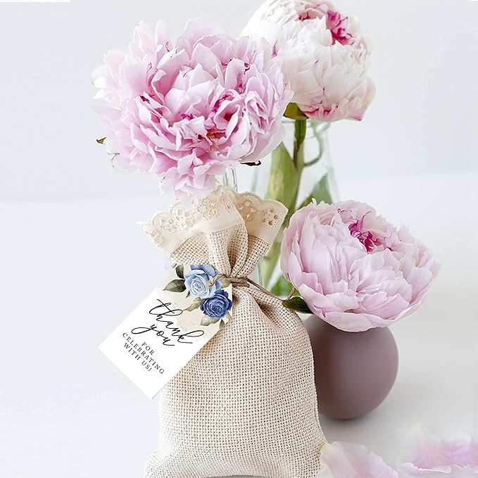Andaz Press 100-Pack Thank You For Celebrating With Us Favor Tags Icy Blue Roses Cardstock Gift Tags with Bakers Twine for Wedding Baby Shower Bridal Shower Birthday Party Favors 2 x 3.75-Inches