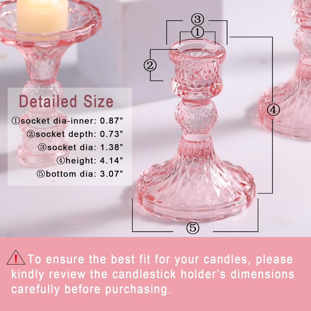 Glass Candle Holder Set of 12, Pink Taper Candle Holders Bulk, Vintage Candlestick Holders, Candle Stick Holder for Table Centerpieces, Wedding & Mother's Day