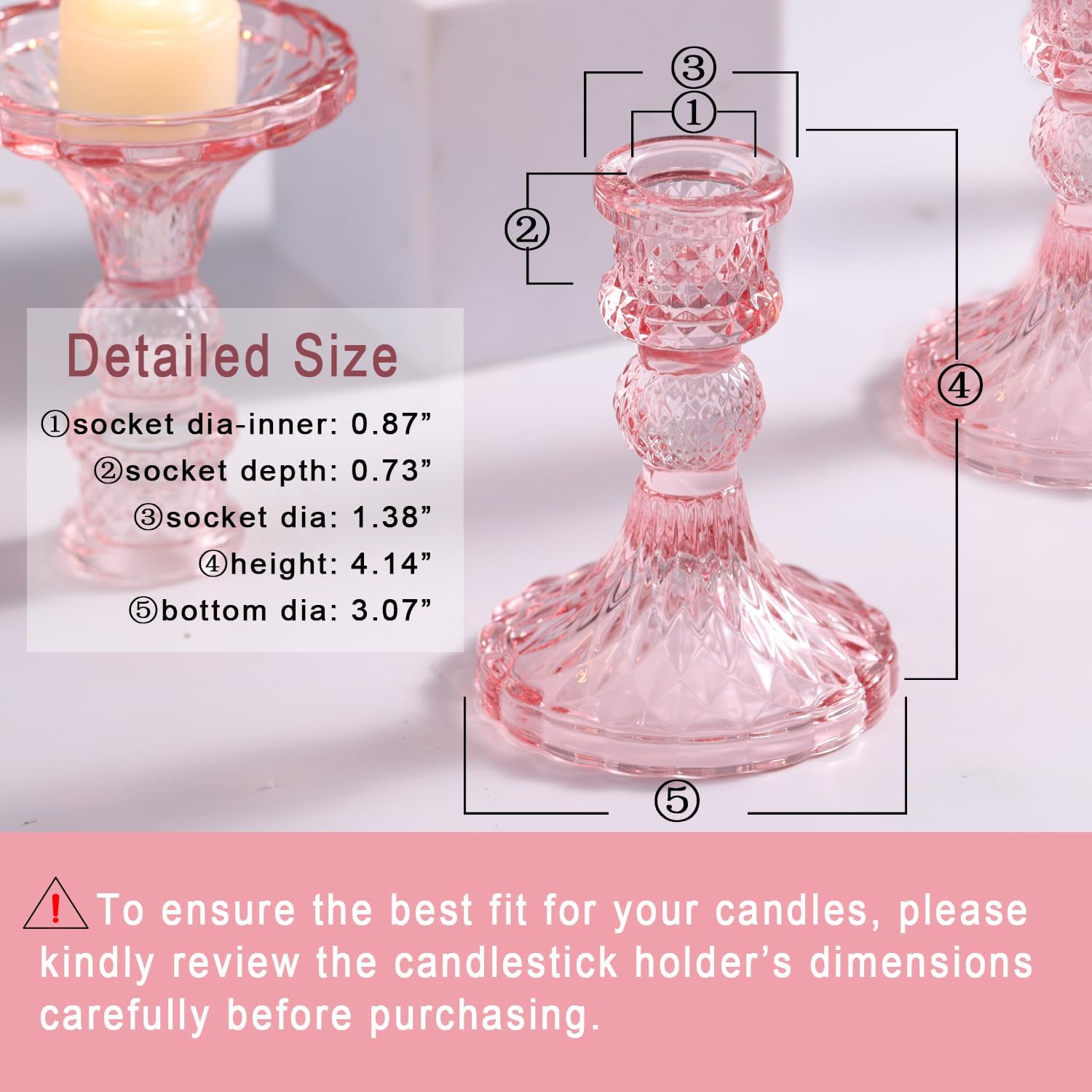 Glass Candle Holder Set of 12, Pink Taper Candle Holders Bulk, Vintage Candlestick Holders, Candle Stick Holder for Table Centerpieces, Wedding & Mother's Day