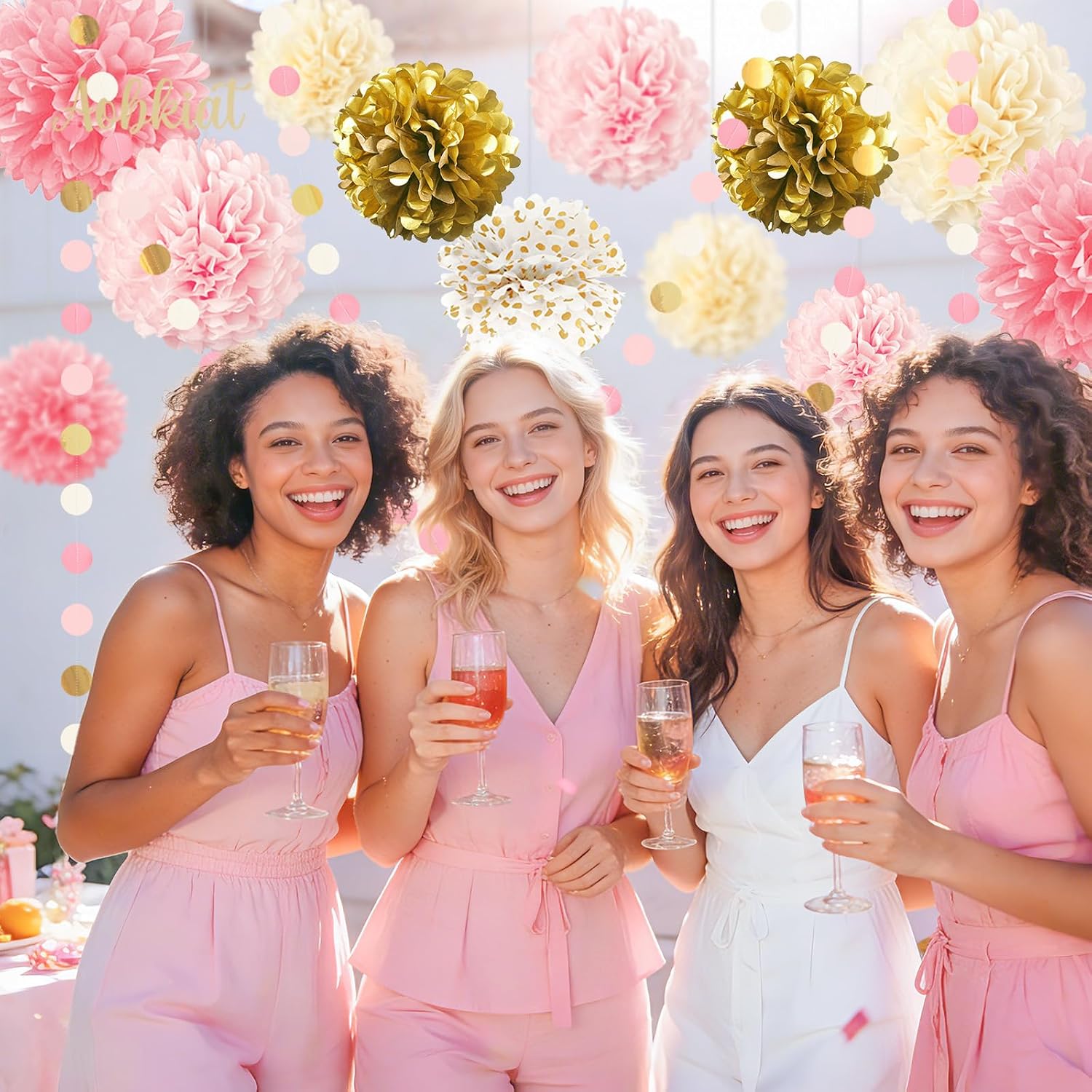 AOBKIAT Wedding Baby Shower Decorations Set,15PCS Pink Gold for Girls Women | with Tissue Paper Pom Poms,Colorful Garland String Hanging Backdrop for Birthday,Bridal Shower,Gender Reveal Celebration