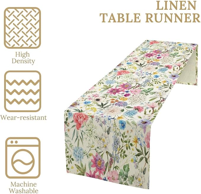 Floral Table Runner Watercolor Peony Rose Flower Kitchen Table Decoration for Indoor and Outdoor Wedding Party 13x108 Inch