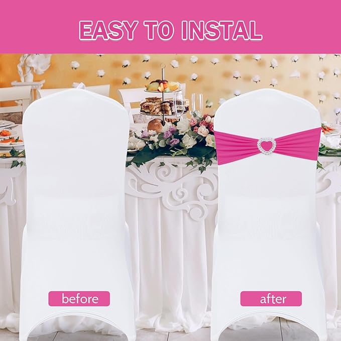 Howhic Pack of 120 Spandex Chair Sashes Bows Stretch Chair Cover Band with Buckle Slider Universal Elastic Chair Ties for Wedding Banquet Party Event Decoration (Fuchsia)