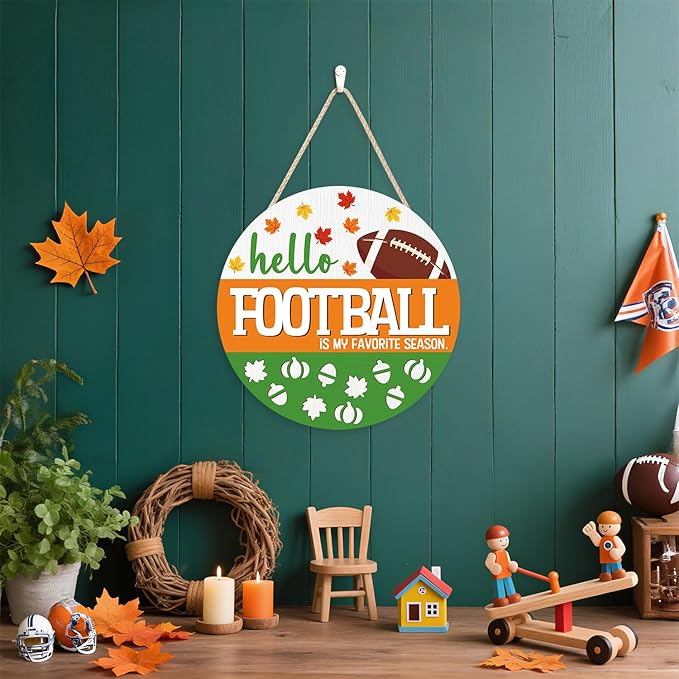CHDITB Hello Football is My Favorite Season Front Door Sign Wreath(12"x12"), Wooden 3D Fall Decoration Wall Hanging, Farmhouse Rugby Autumn Harvest Maple Leaves Decor Hanger for Front Porch Outdoor
