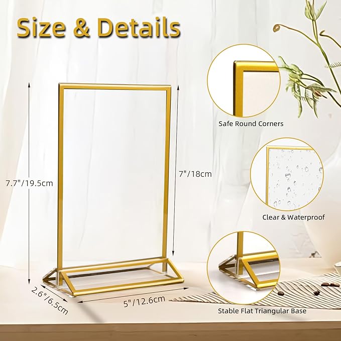 6 Pack Acrylic Sign Holder 5x7" Photo Frames, Double-sided Clear Menu Holder Gold Picture Frames for Wedding Table Numbers, Table Top Display Sign Stand Plastic Flyer Holder Vertical Paper Holder