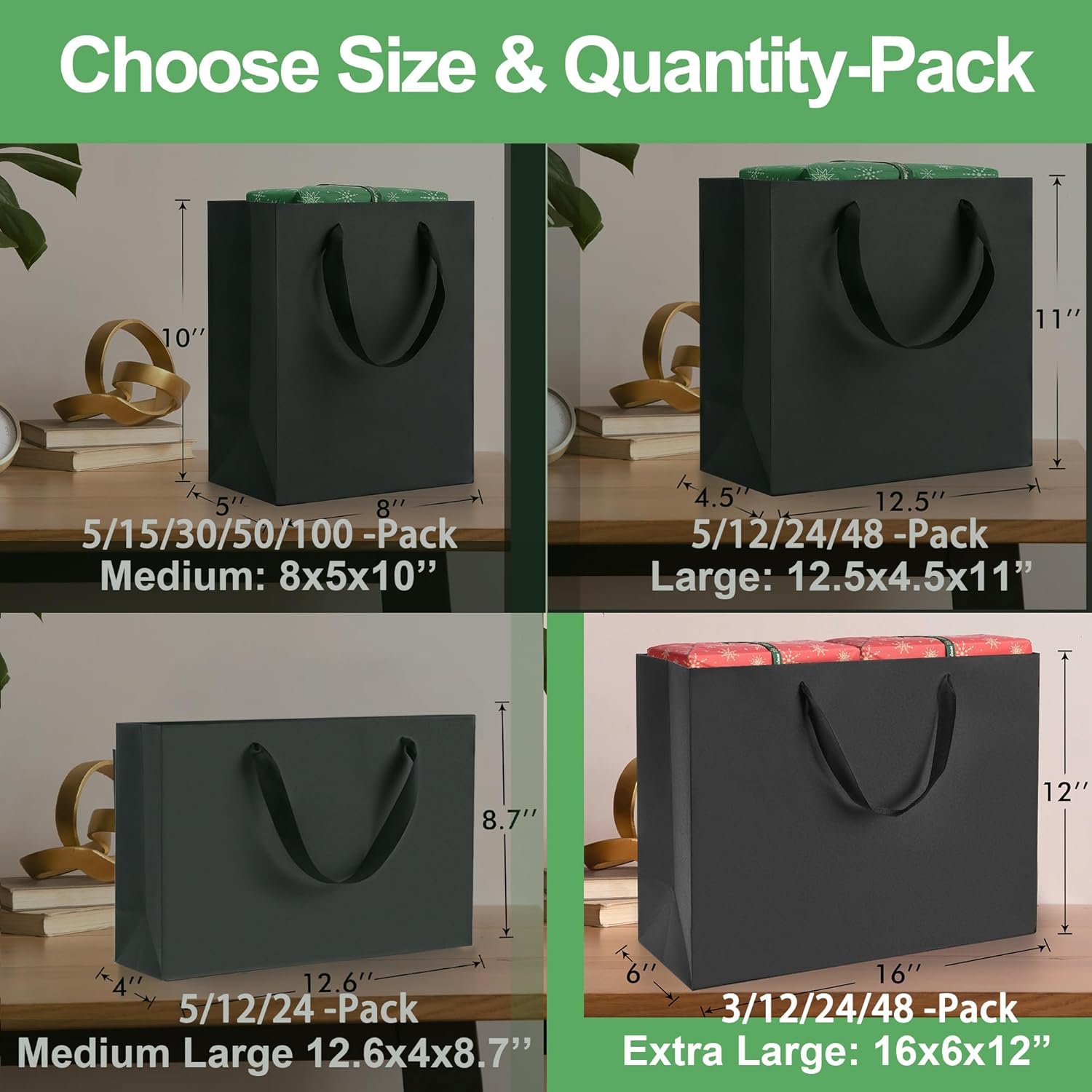 MOXARYSU Extra Large Black Gift Bags: 16x6x12 Inch 3pcs Black Paper Bags With Handles Bulk For Party Shopping Birthday Wedding (XL-3)