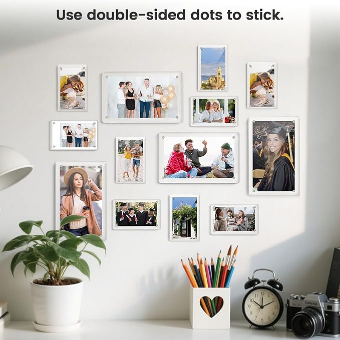 DomeStar Magnetic Acrylic Picture Frame 2.4 x 3.5 Inch, 16 Pack Double-Sided Photo Holder for Refrigerator, Locker, or Metal Cabinet, Fits Instant Photo, Mini Film, Notes & Pictures