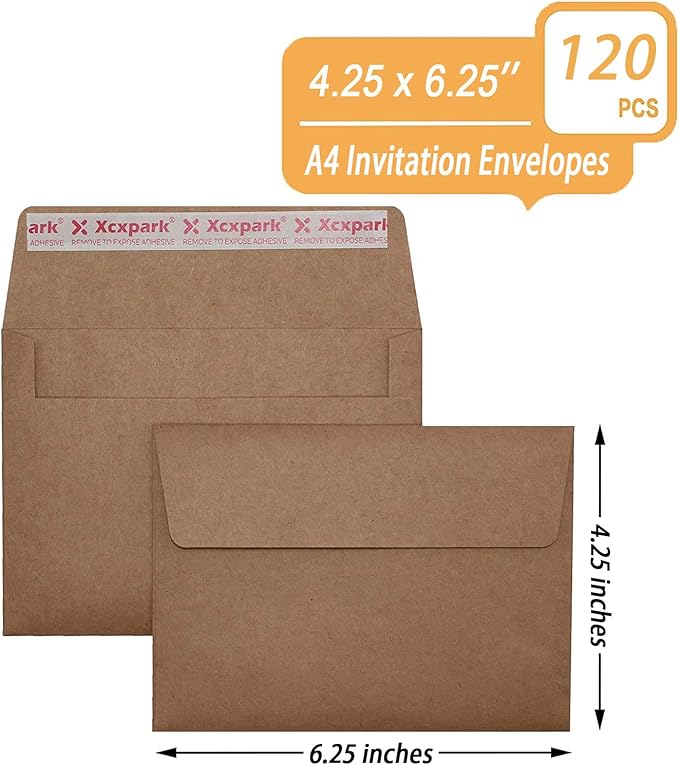 120 Qty Printable A4 Invitation Envelopes 4.25 x 6.25 Cards, Self Seal 120GSM Brown Paper Envelopes for Invitations, Papers, Photos, Documents, Wedding, Baby Shower, Easy to Seal and Peel