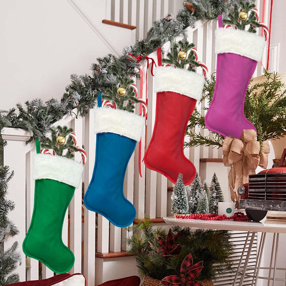 4Pack Christmas Stockings 20 Inch Large Family Christmas Stocking Decor Christmas Tree Fireplace Traditional Xmas Stocking with Super Soft Plush Cuff Décor Merry Ornaments