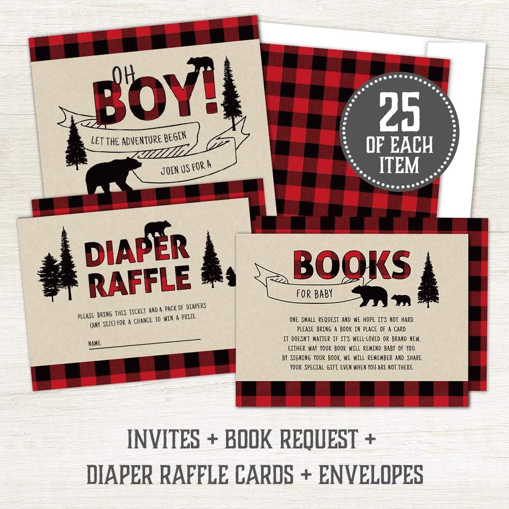 Baby Shower Invitations for Boy with Envelopes (Set of 25) - Lumberjack Baby Shower Invitations with Diaper Raffle Tickets and Book Request Cards - Rustic Buffalo Plaid Oh Boy Baby Shower Invites